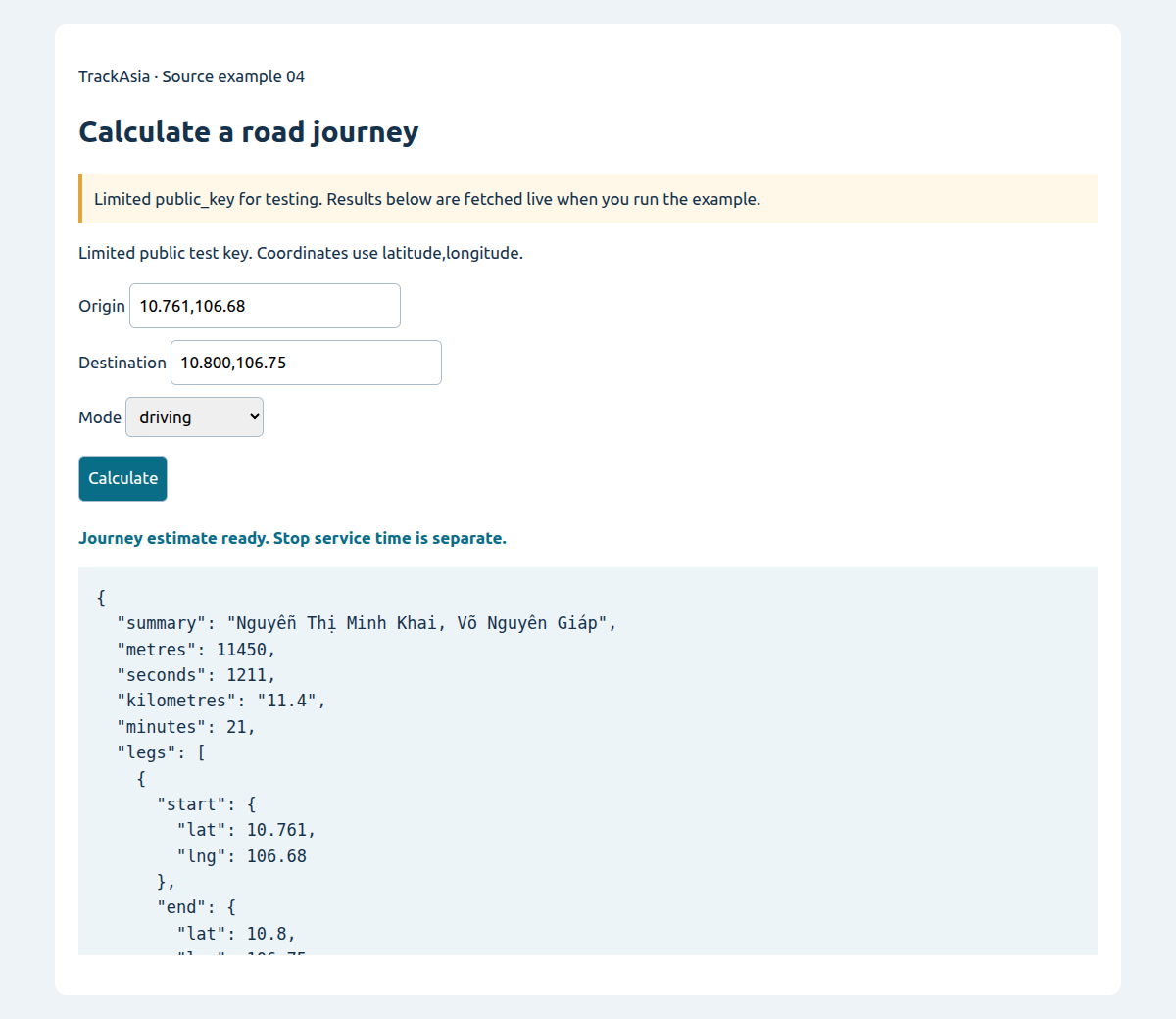 Calculate a road journey
